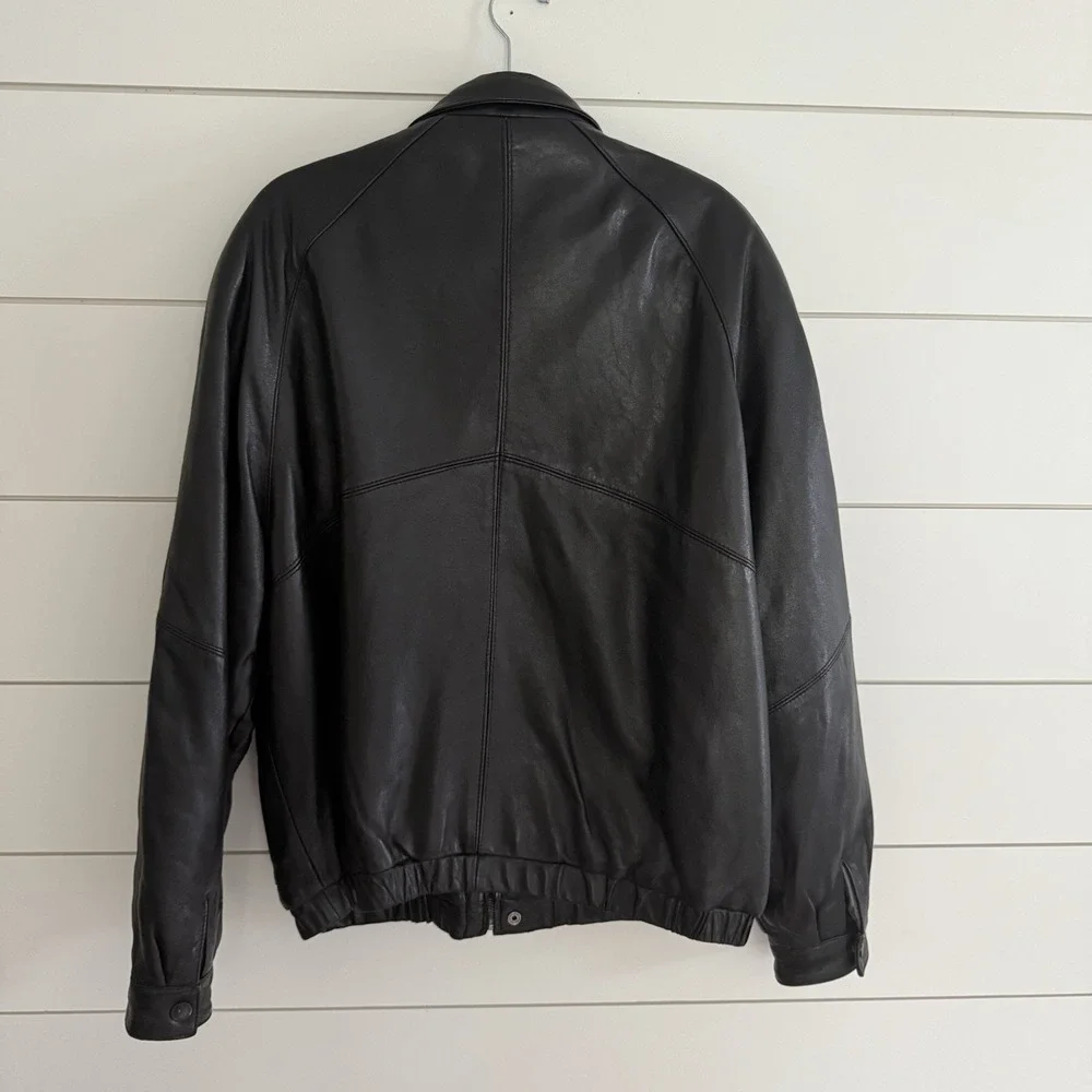 Vintage Collezione Black Leather Bomber Jacket Men's Size Large Full Zip EUC